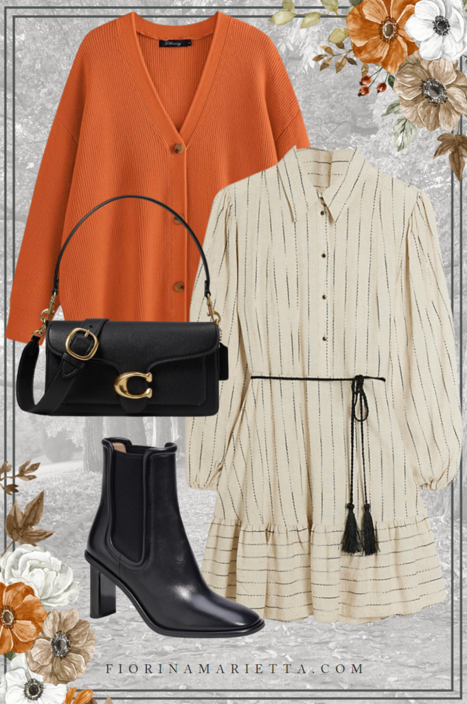 Pumpkin Patch Outfit Ideas: dress with orange cardigan