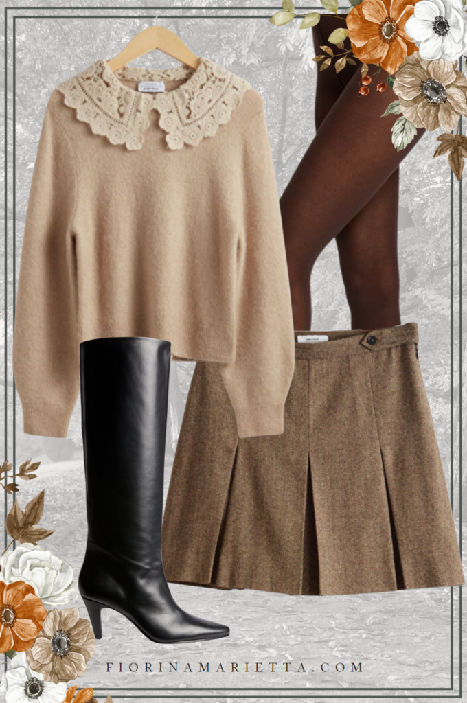 Pumpkin Patch Outfit Ideas: Sweater with skirt, knee high boots and tights.