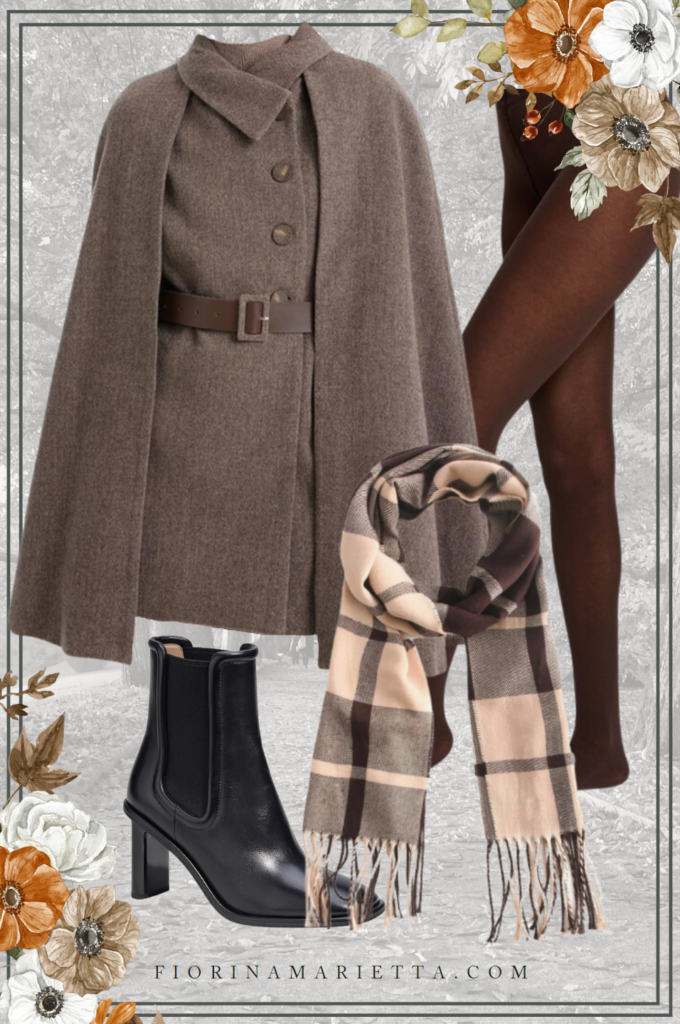 Pumpkin Patch Outfit Ideas: Cape with scarf, ankle boots and tights